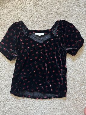 LOFT Black Velvet Puff-Sleeve Blouse with Red Rose Motif